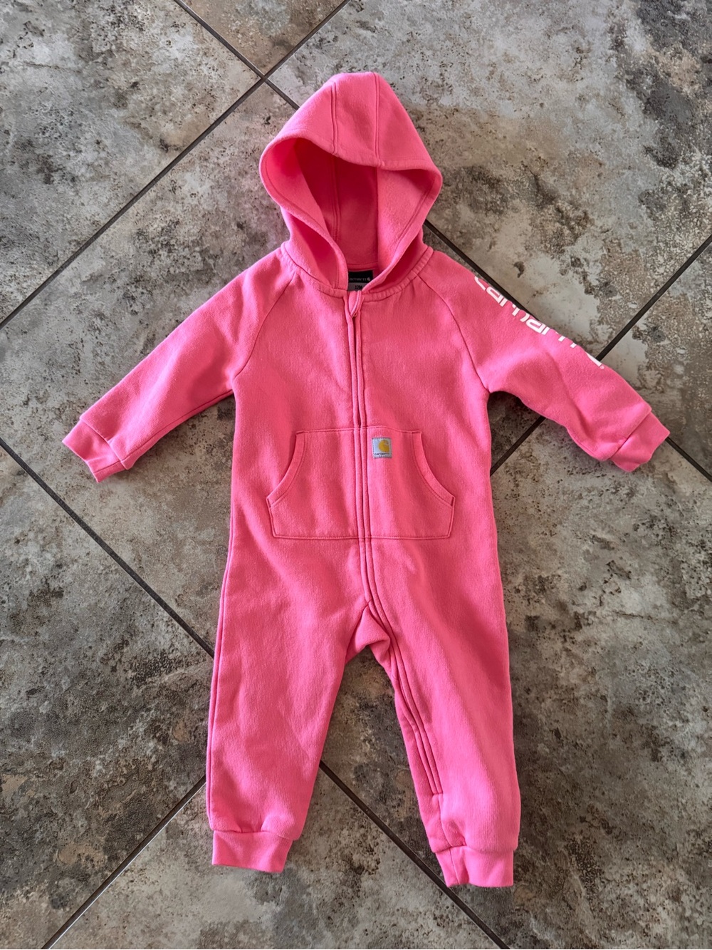 vibrant pink Carhartt baby toddler size 12 m fleece zip-front hooded coverall